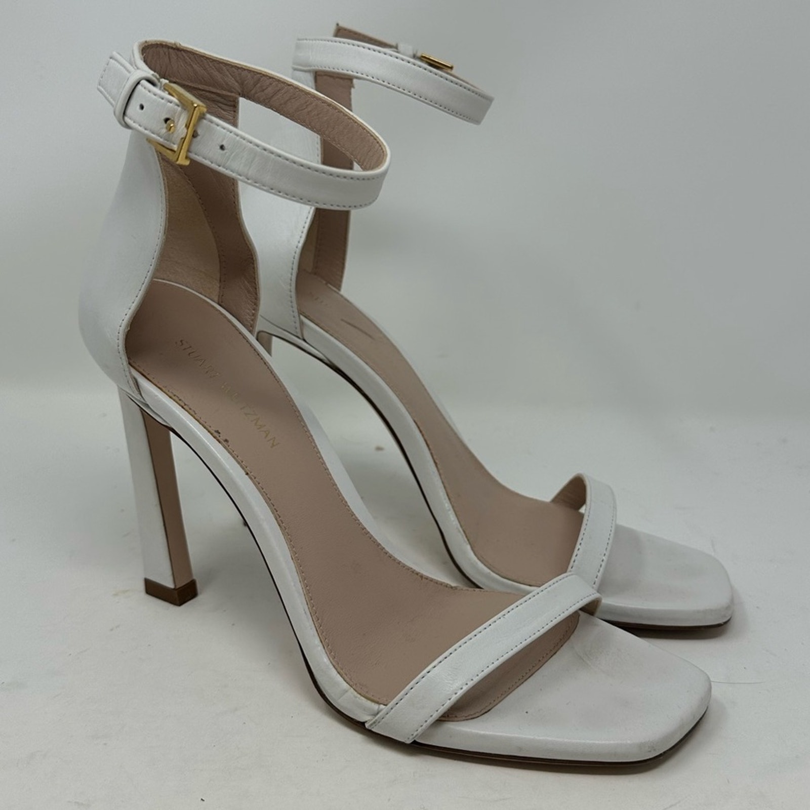 Stuart Weitzman Fringe Square Nudist Heel In Off White Cush Nappa Size 7